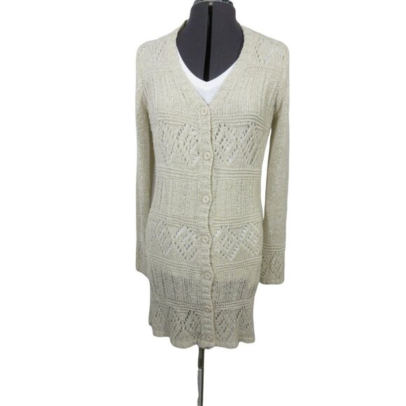 BCBGMaxazria women's ecru‎ open knit crochet button front long cardigan - Picture 1 of 13